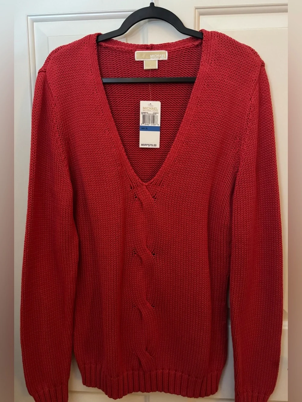 Michael Kors Sweater 100% Cotton Red V-Neck Cable Sweater Size - XL **NWT**